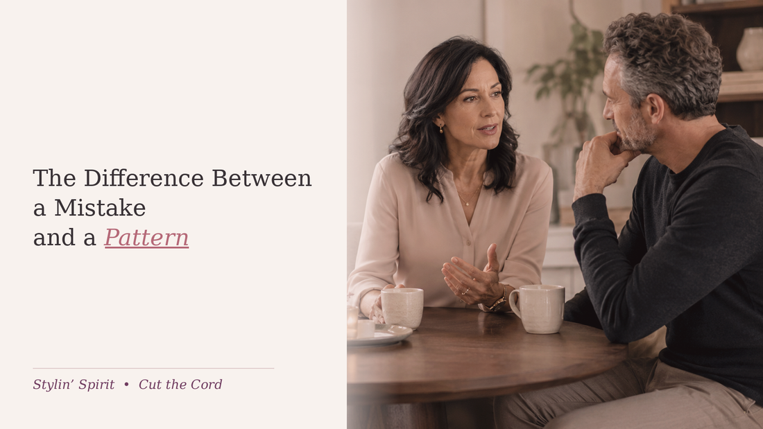 Adult couple in quiet conversation, representing the difference between a repairable mistake and a repeated relationship pattern.