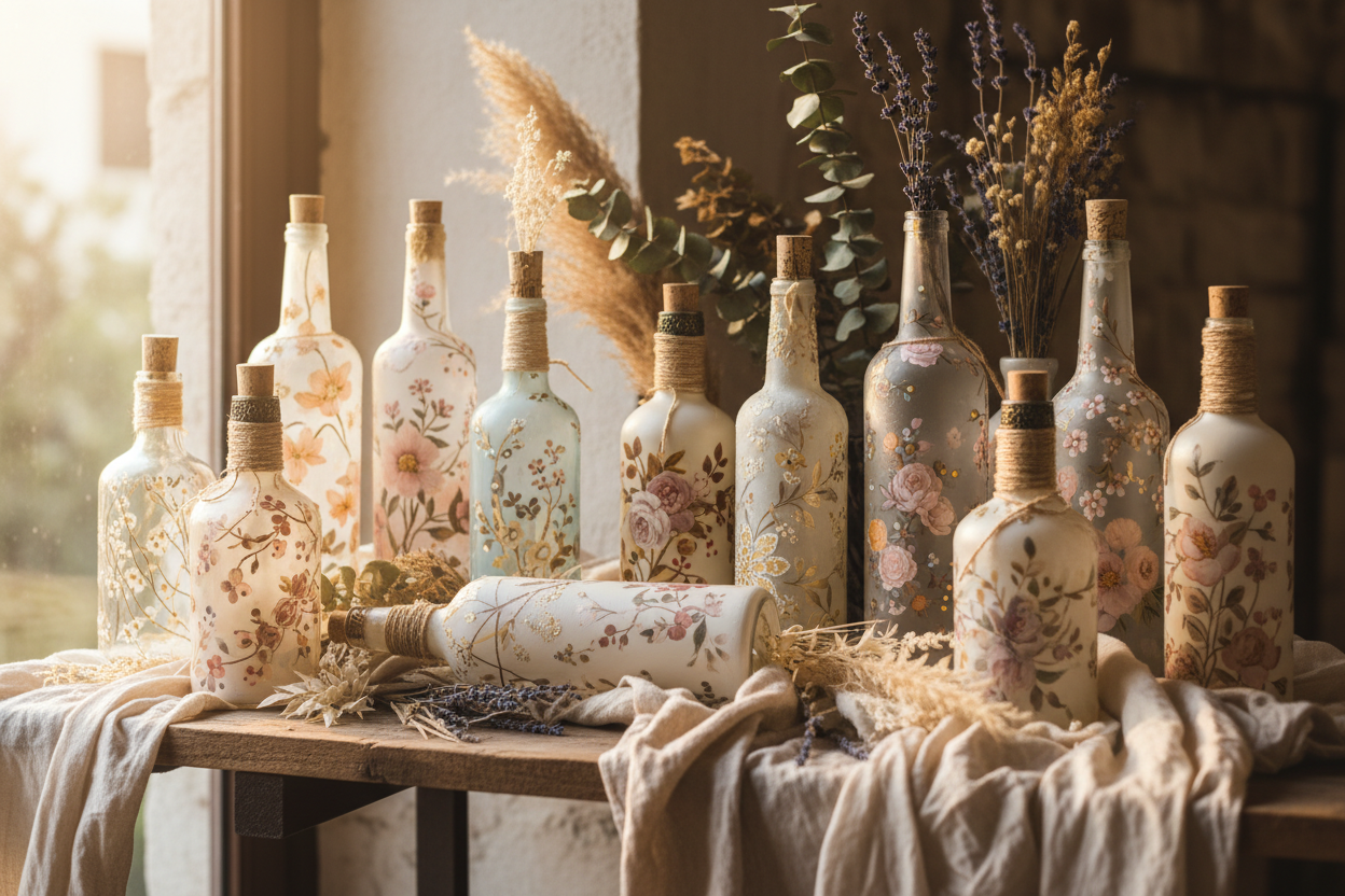 Hand-painted decorative glass bottles styled with dried flowers and warm natural light for the Stylin’ Spirit Decorative Glass Bottles collection