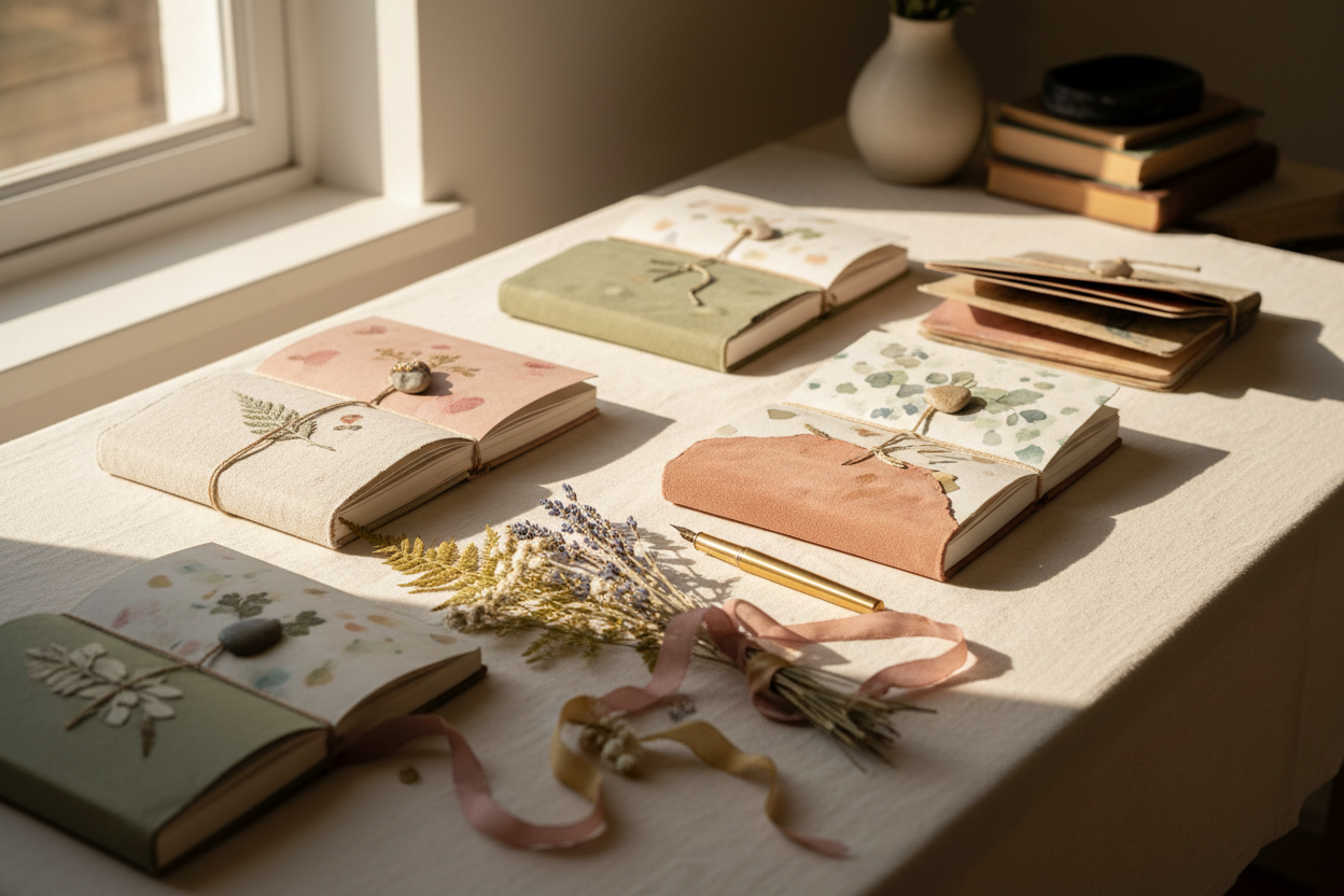 Handmade journals with textured covers, naturally dyed pages, dried flowers, and warm natural light