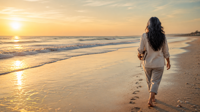 Woman walking along the beach at sunrise symbolizing healing and moving forward