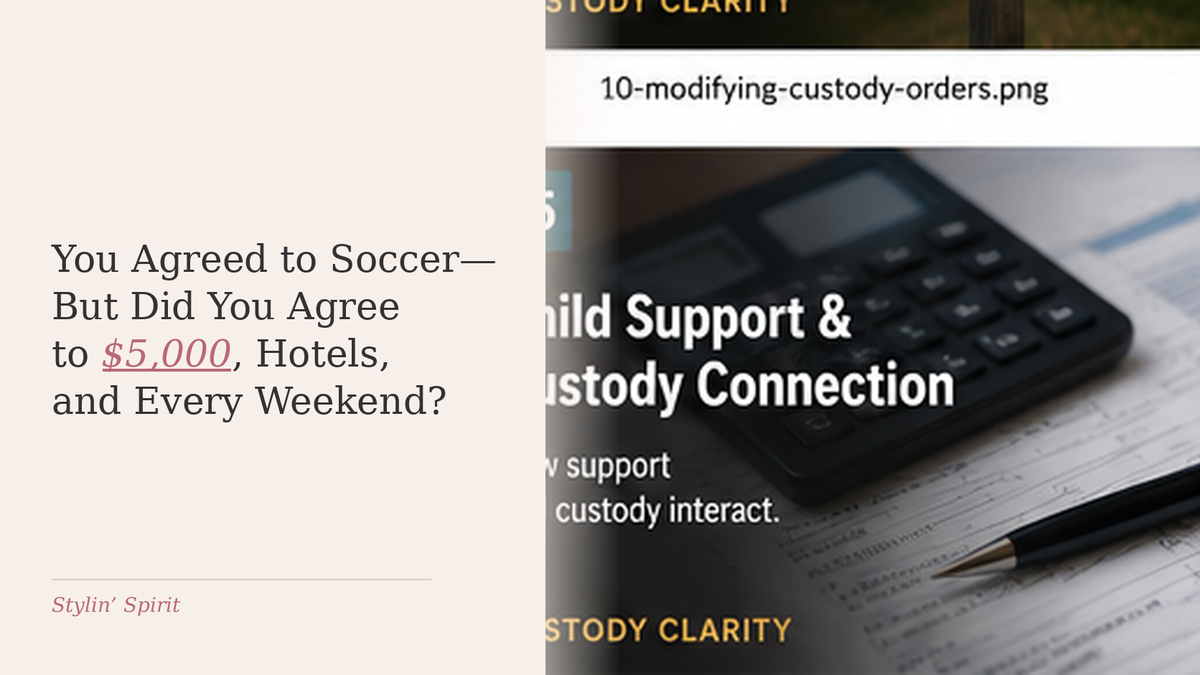 Calculator and paperwork in a warm editorial setting, representing the hidden financial and schedule consequences of travel sports in shared custody.