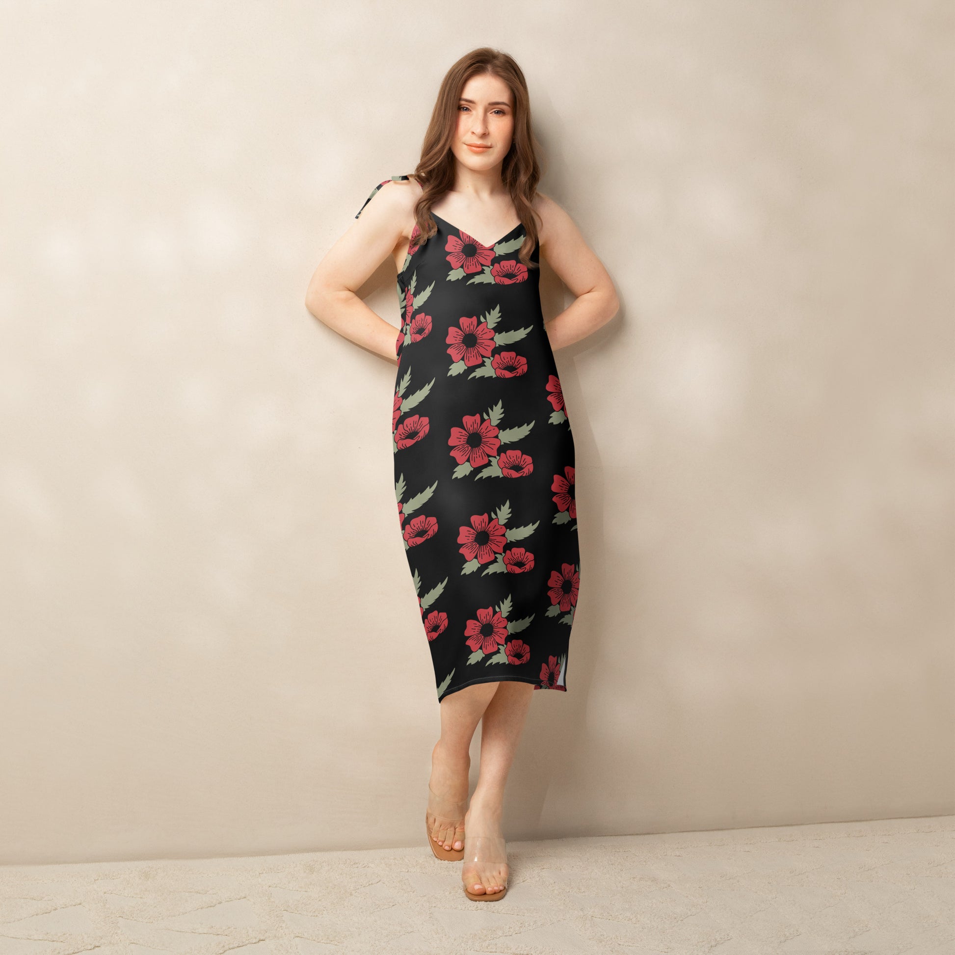 Tie-strap midi dress - Black and Red Roses Stylin Spirit Tie-strap midi dress - Black and Red Roses Stylin Spirit