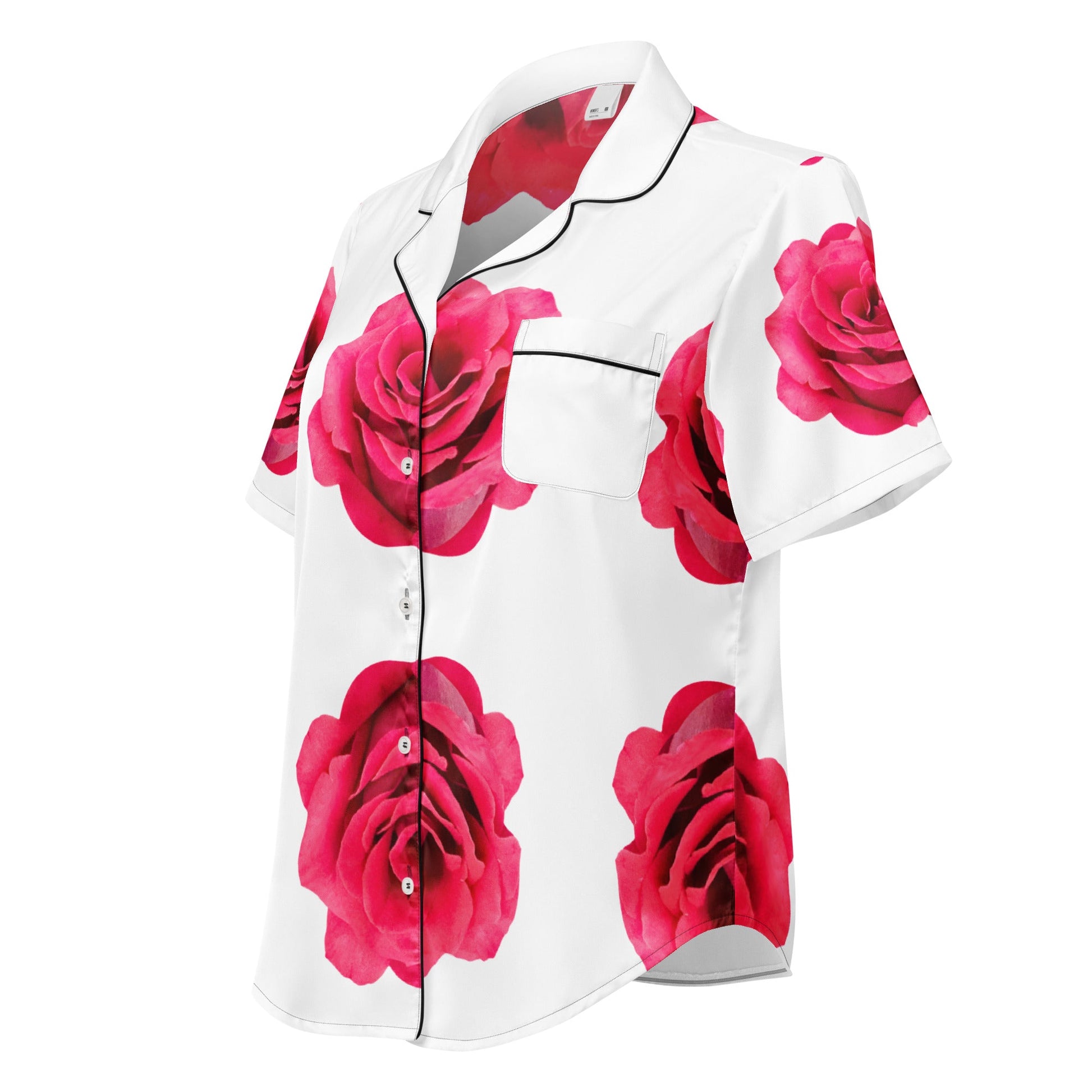 All - over print women’s short sleeve pajama top - Pink Rose - Stylin Spirit