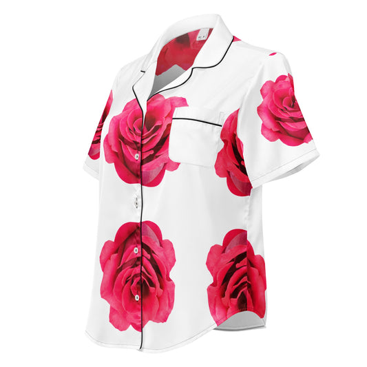 All - over print women’s short sleeve pajama top - Pink Rose - Stylin Spirit