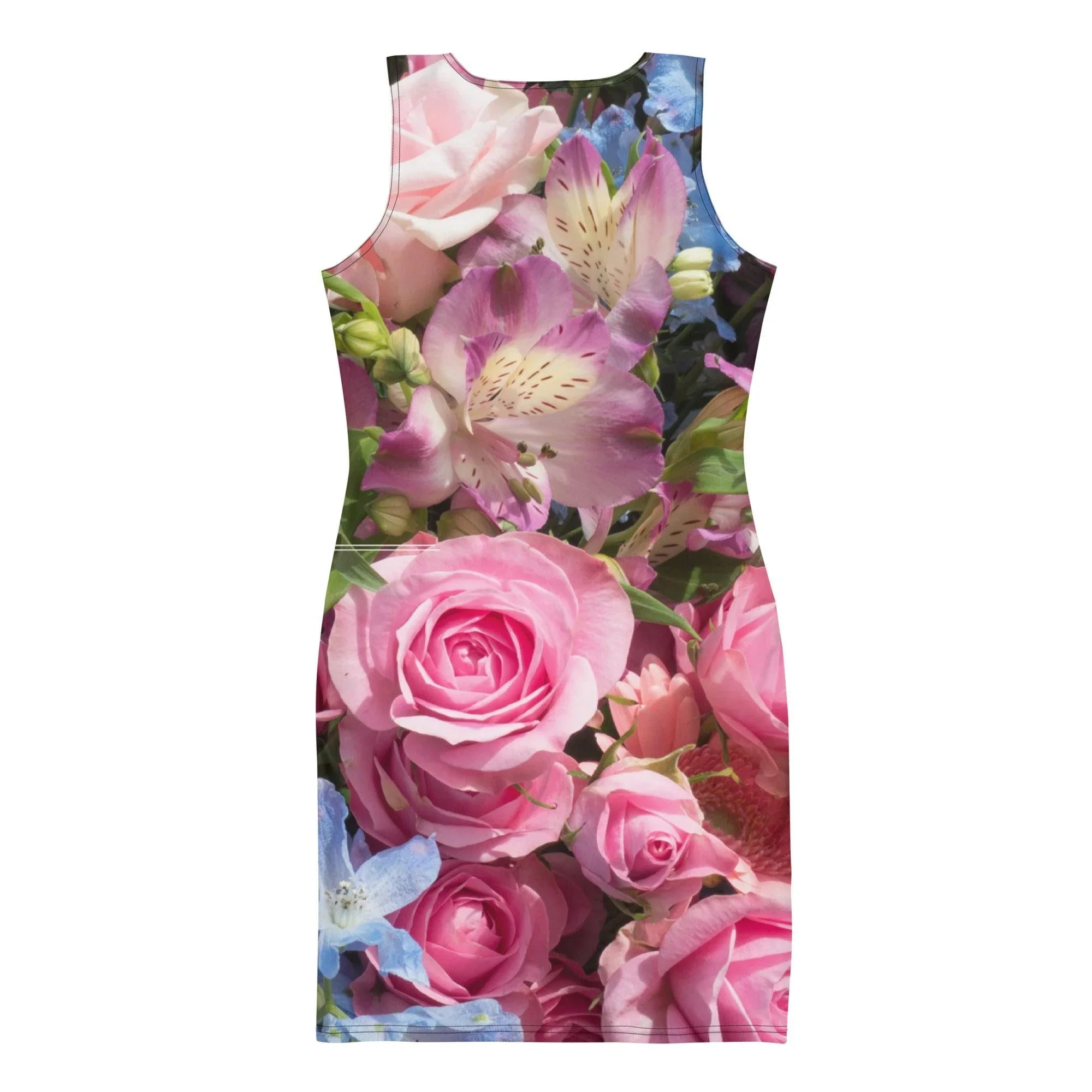blue and pink bodycon dress — Flowers over printed fitted dress MEMORIAL2026 Basically Black Fitted Midi item size:XL