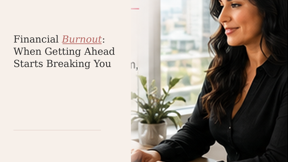 A woman works at a laptop with financial papers nearby, illustrating the strain of financial burnout and overwork.