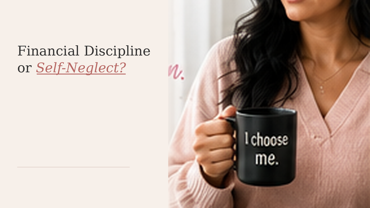 A self-possessed woman reviews her finances at home, representing the difference between discipline and harmful self-denial.