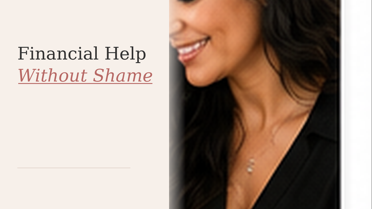 A woman reviews financial information in a supportive home setting, representing help that builds independence without shame.