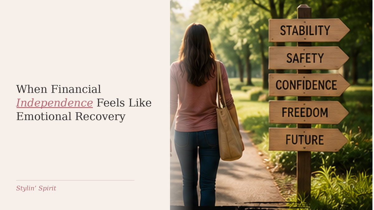 Woman walking toward signs for stability, safety, confidence, freedom, and future, representing financial independence as part of emotional recovery.