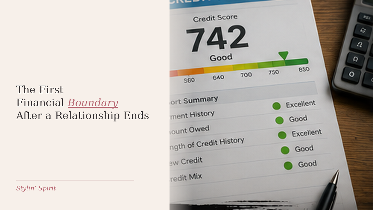Credit report and calculator on a desk, representing the first financial boundaries around accounts, debt, identity, and access after a relationship ends.