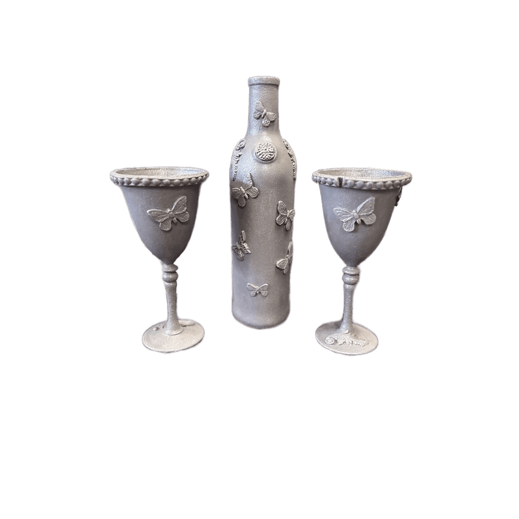 Decorative Glass Bottle in a gray textured paint & matching goblets glasses - Stylin Spirit