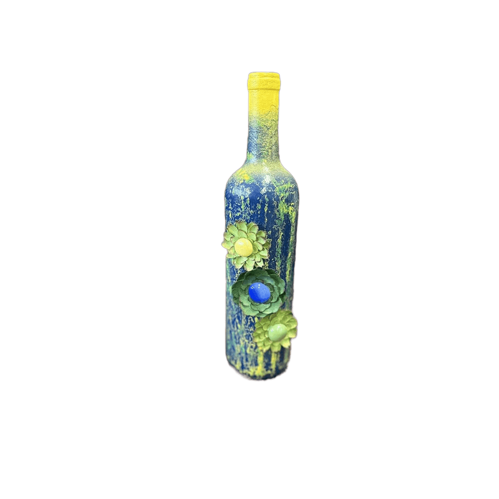 Decorative Wine Bottle Blue Green Yellow crackle finish & silk flowers - Stylin Spirit