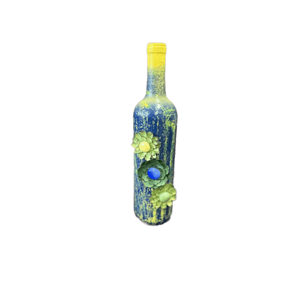 Decorative Wine Bottle Blue Green Yellow crackle finish & silk flowers - Stylin Spirit