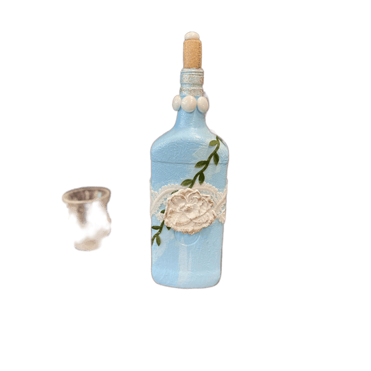Decorative Bottle Stained Glass Hand Painted Upcycled Blue White Flowers Lace - Stylin Spirit