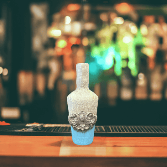 Decorative Glass Bottle hand painted teal aqua blue & aged white - Stylin Spirit