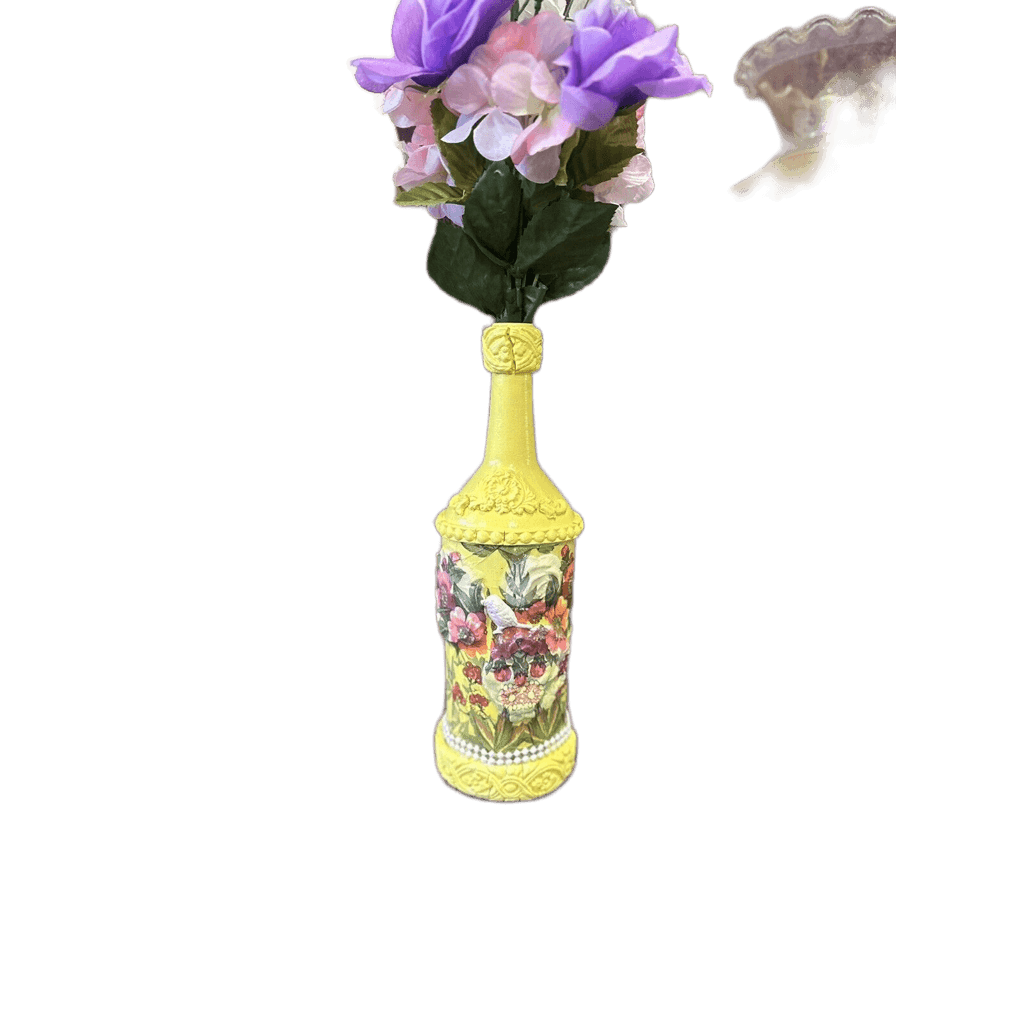 Decorative Wine Bottle Glass Vase Upcycled Hand Painted Yellow Floral - Stylin Spirit