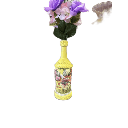 Decorative Wine Bottle Glass Vase Upcycled Hand Painted Yellow Floral - Stylin Spirit