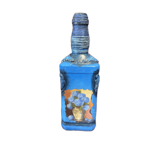 Decorative Jack Daniel’s Bottle Stained Glass Hand Painted Decoupage Royal Blue - Stylin Spirit