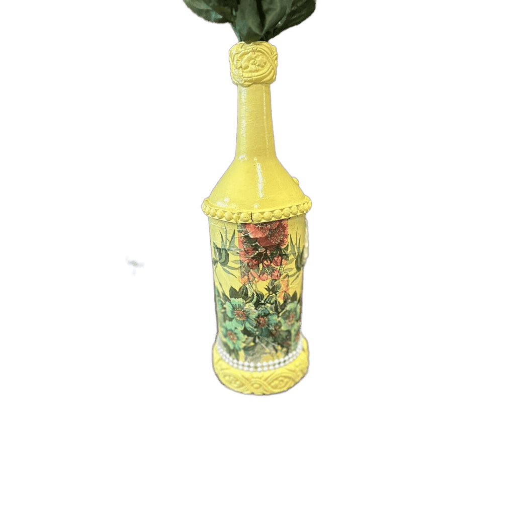 Decorative Wine Bottle Glass Vase Upcycled Hand Painted Yellow Floral - Stylin Spirit