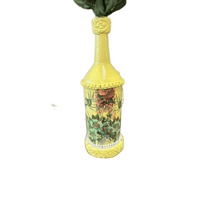 Decorative Wine Bottle Glass Vase Upcycled Hand Painted Yellow Floral - Stylin Spirit