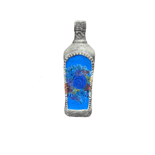 Decorative Tequila Bottle Stained Glass Hand Painted Upcycled Blue Faux Cement - Stylin Spirit