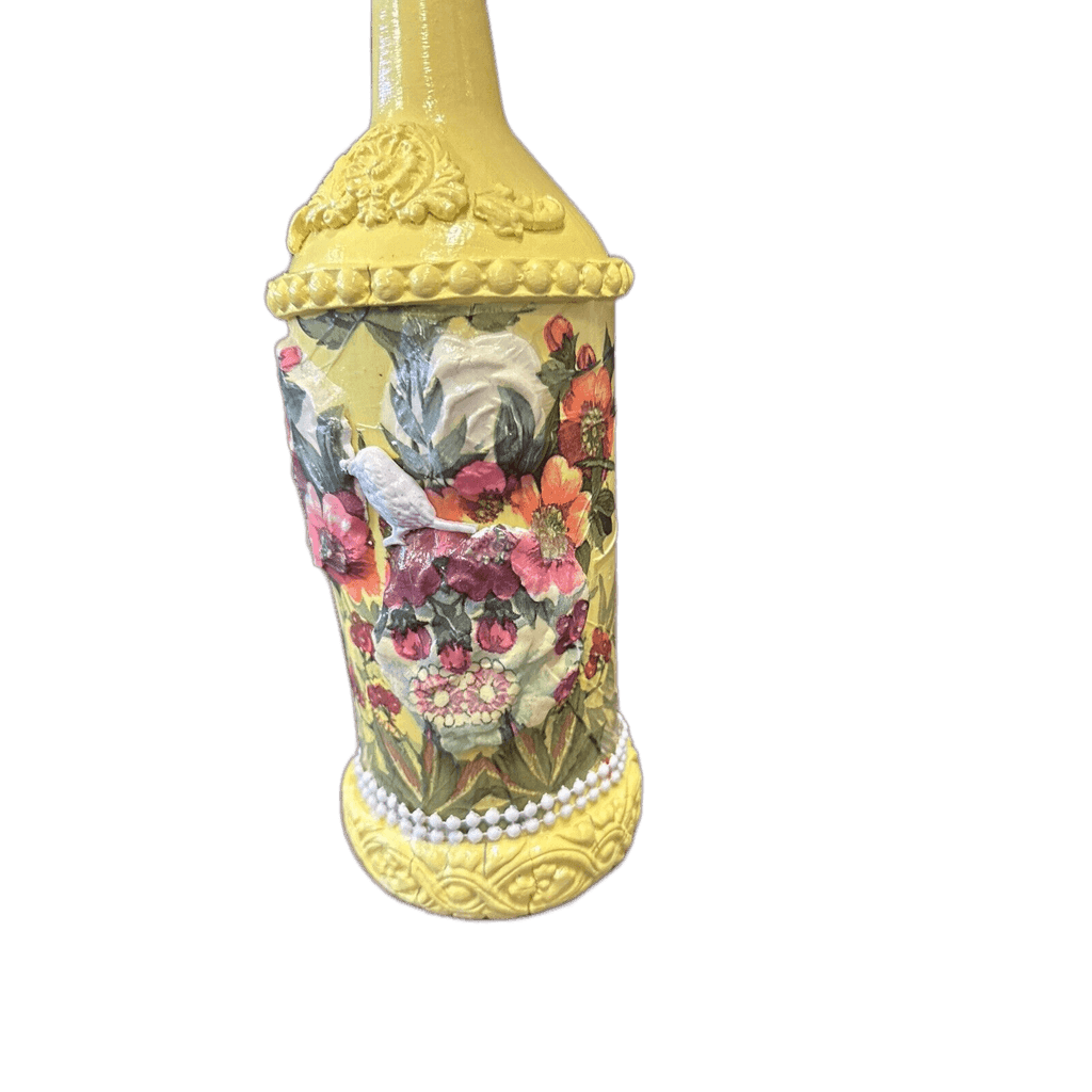 Decorative Wine Bottle Glass Vase Upcycled Hand Painted Yellow Floral - Stylin Spirit
