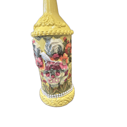 Decorative Wine Bottle Glass Vase Upcycled Hand Painted Yellow Floral - Stylin Spirit