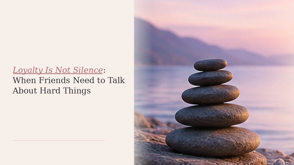 Neutral-toned editorial hero image with stacked stones, papers, and elegant title text about talking through hard things with friends.