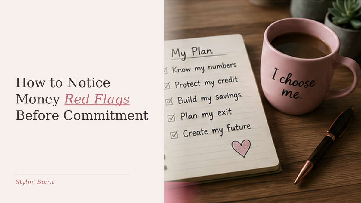 Financial planning notebook beside a pink mug, representing the money questions and warning signs to examine before making a serious financial commitment.