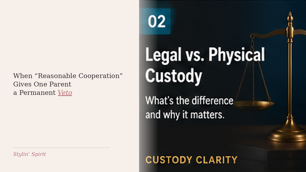 Balanced scales in a warm editorial setting, representing how vague cooperation language can create repeated decision deadlock in a custody order.