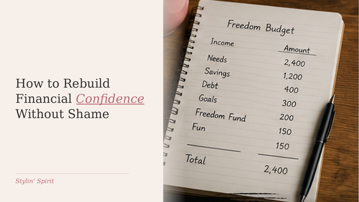 Budget notebook and pen on a warm desk, representing rebuilding financial confidence through clear information and small completed decisions.