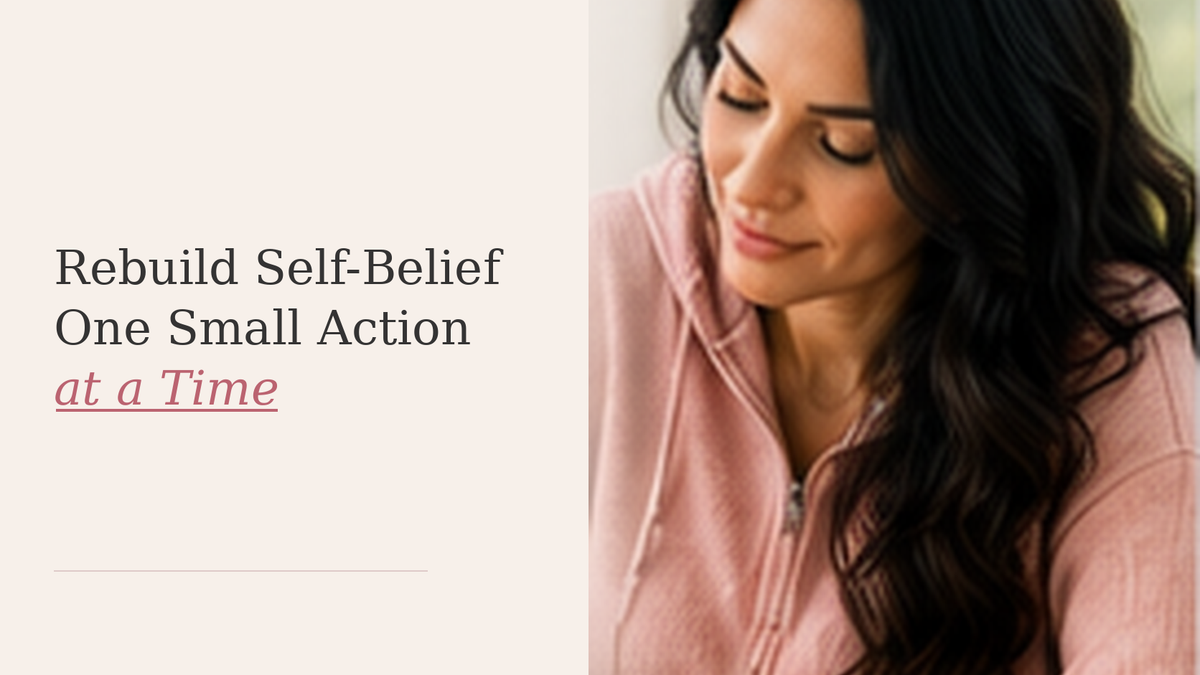 A woman takes a quiet intentional step forward, representing self-belief rebuilt through small consistent actions.