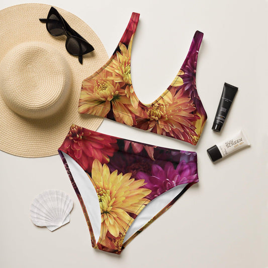 Recycled high-waisted bikini - Fall Flowers - Stylin Spirit