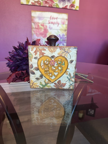 Fall Leaves And Heart Themed Wood Sign Shelf Sitter 5” By 5”