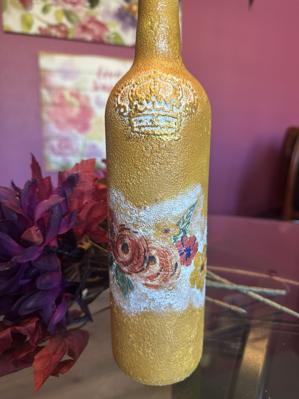 Hand Painted Decorative Glass Bottle Vase Fall Colors Decoupaged Flowers