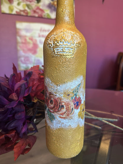 Hand Painted Decorative Glass Bottle Vase Fall Colors Decoupaged Flowers