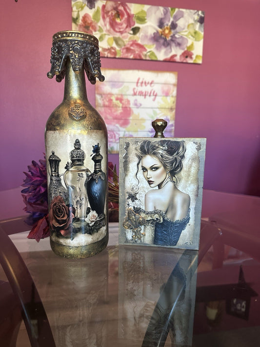 Decorative Glass Bottle And Wood Sign Black Gold Vintage Perfume Bottles Crown