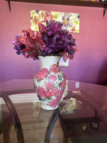 Hand Painted And Decoupaged Vase Floral Design 12” Tall