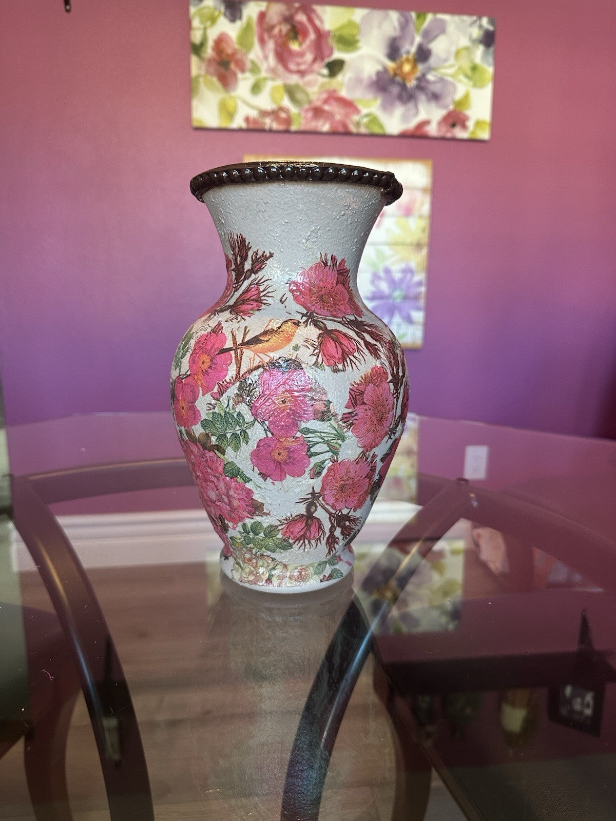 Hand Painted And Decoupaged Vase Floral Design 12” Tall
