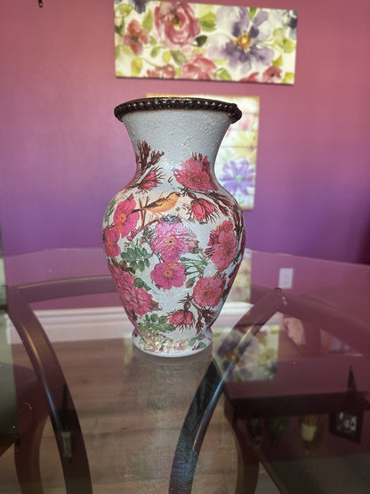 Hand Painted And Decoupaged Vase Floral Design 12” Tall