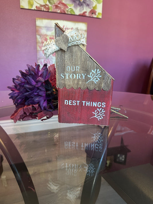 Red Barn Wood Sign Shelf Sitter Hand Painted And Stained - Stenciled Lettering