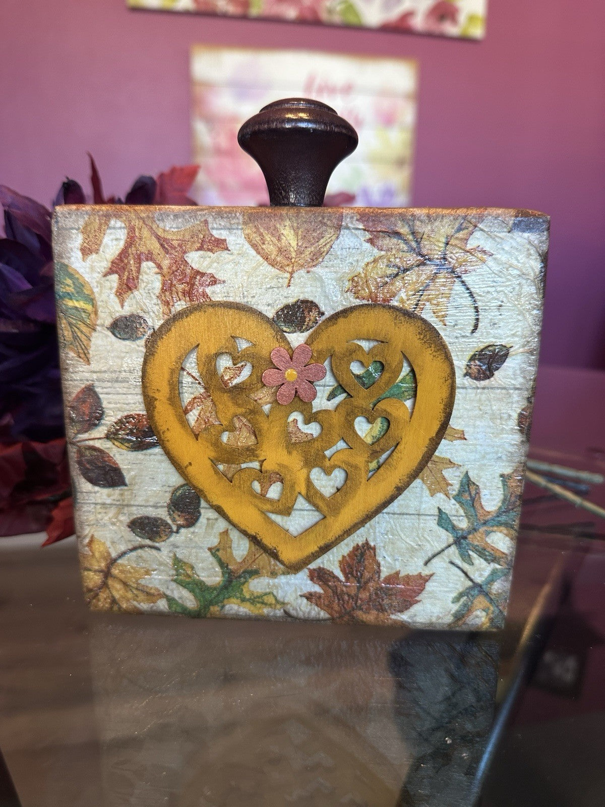 Fall Leaves And Heart Themed Wood Sign Shelf Sitter 5” By 5”