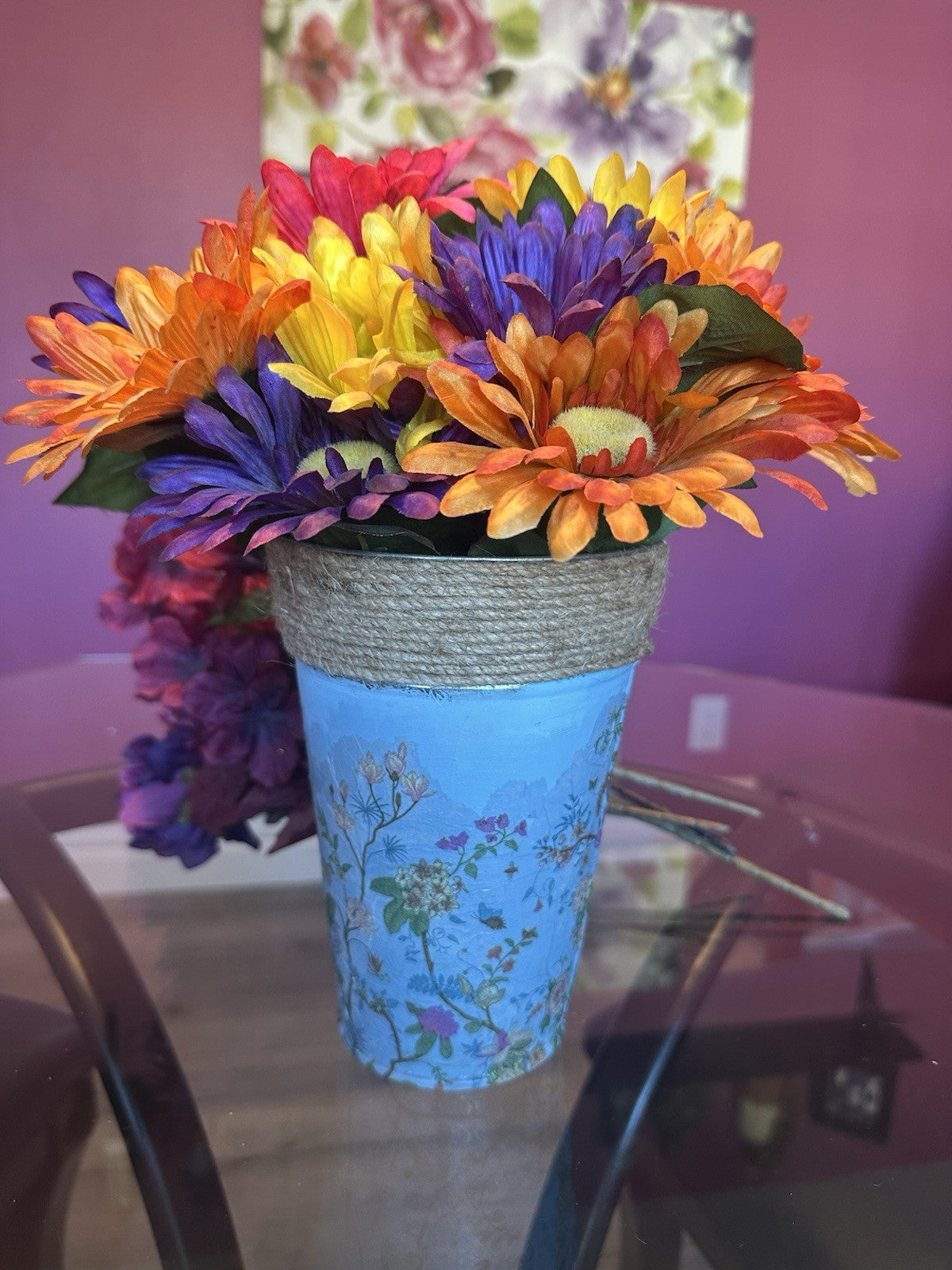 Tin Flower Pot Hand Painted And Decoupaged Blue With Rope Accent