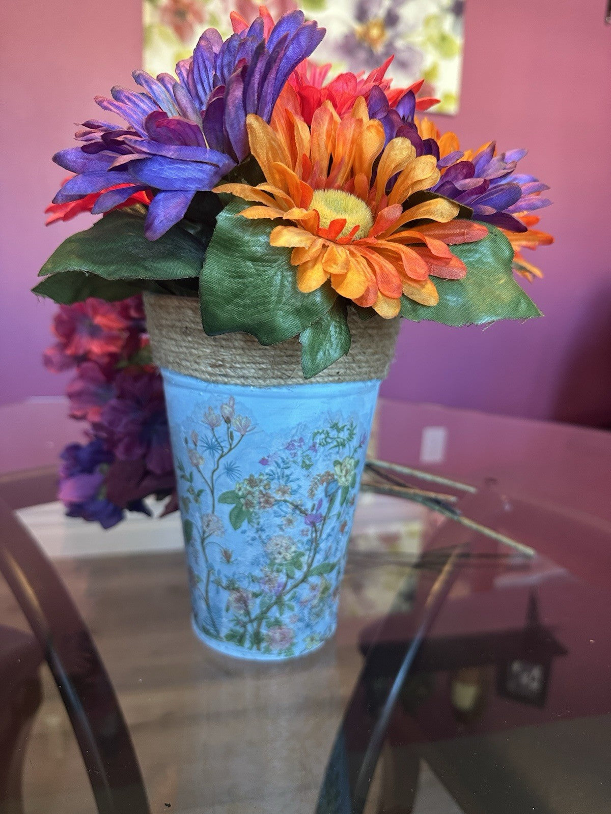 Tin Flower Pot Hand Painted And Decoupaged Blue With Rope Accent