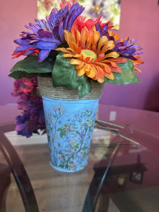 Tin Flower Pot Hand Painted And Decoupaged Blue With Rope Accent
