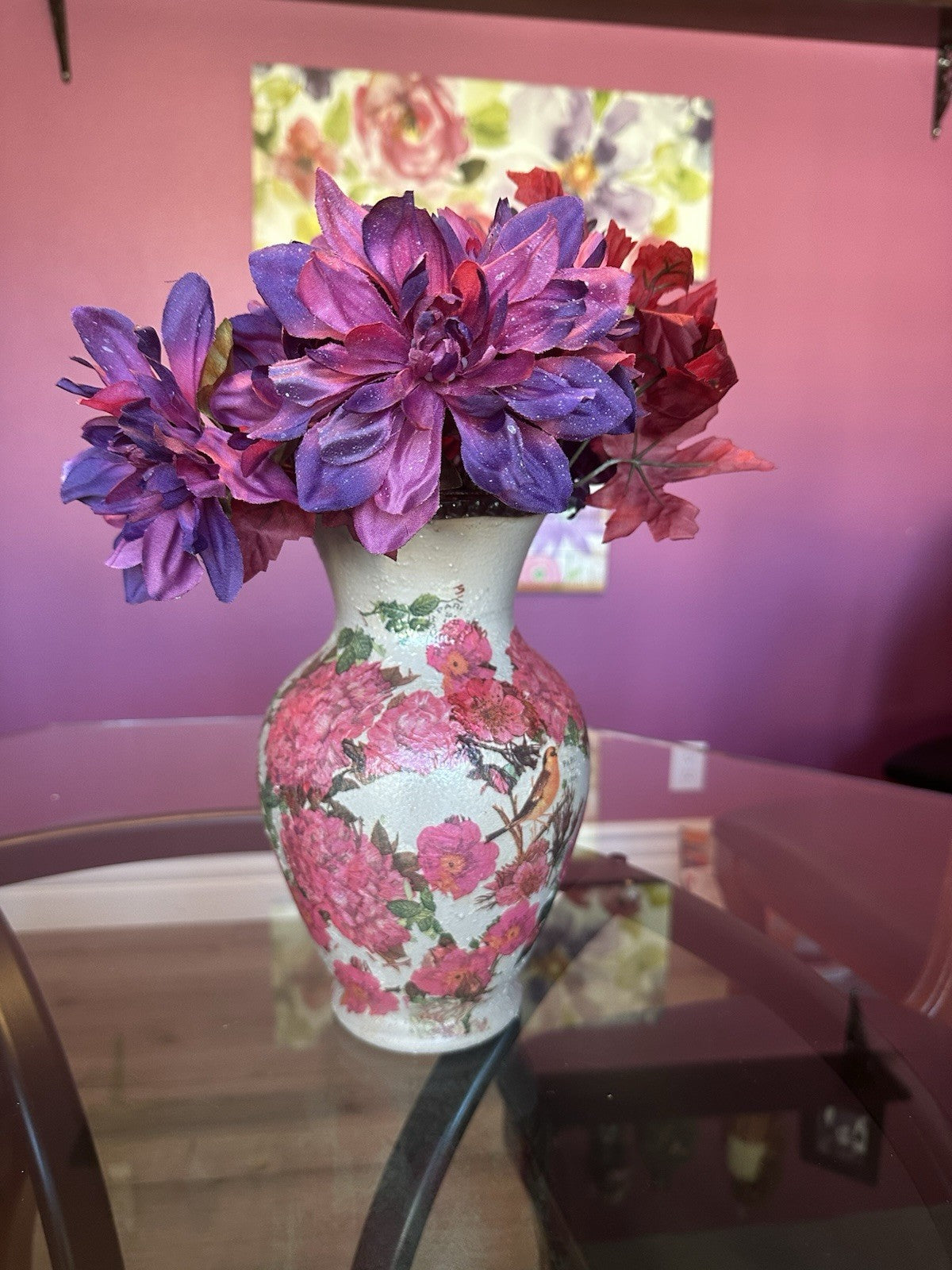 Hand Painted And Decoupaged Vase Floral Design 12” Tall