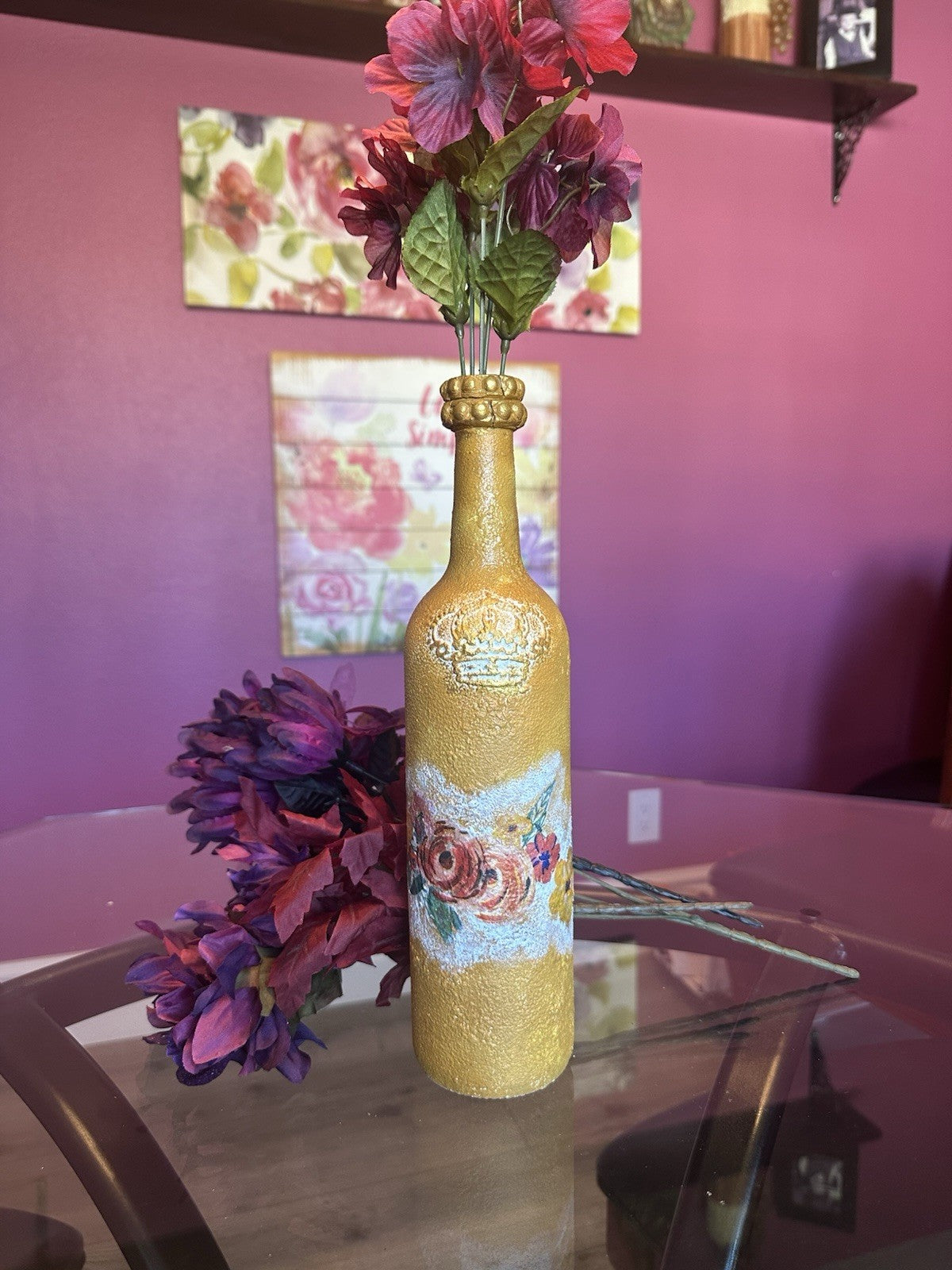 Hand Painted Decorative Glass Bottle Vase Fall Colors Decoupaged Flowers