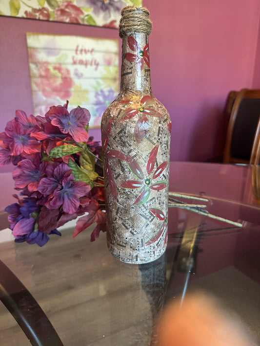 Hand Painted And Decoupaged Glass Bottle Vase Fall And Christmas Colors