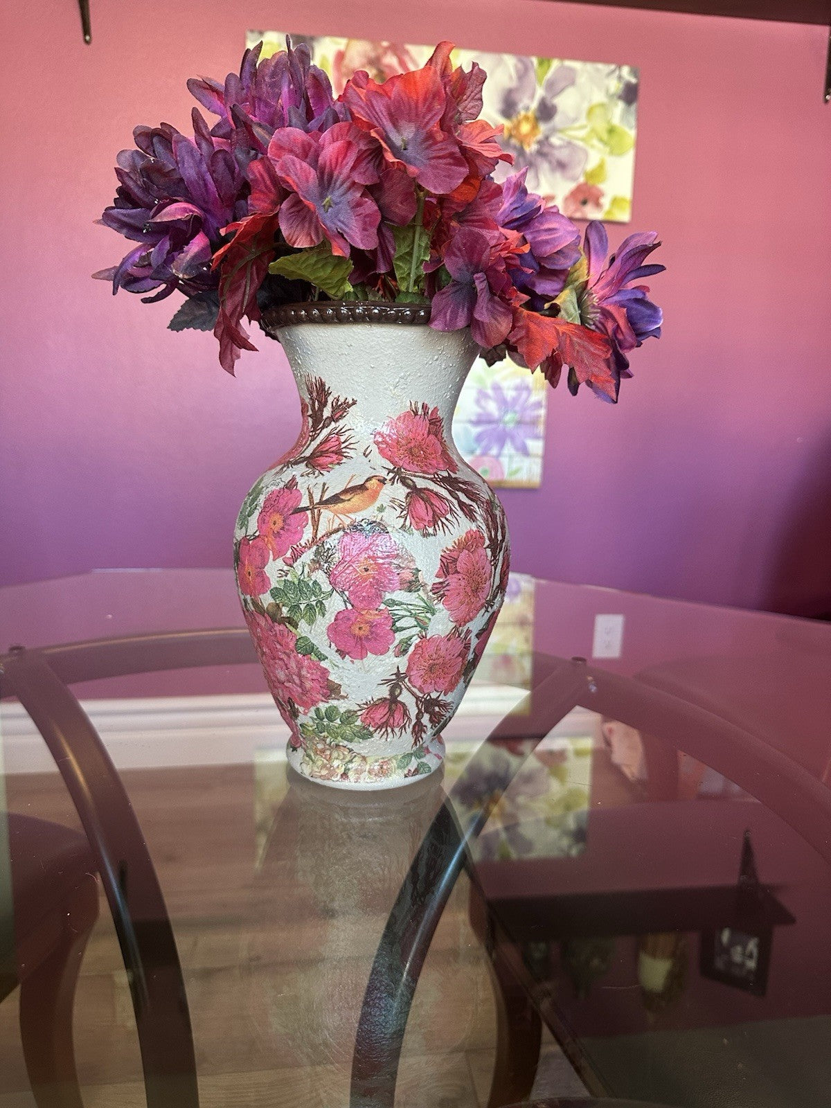 Hand Painted And Decoupaged Vase Floral Design 12” Tall