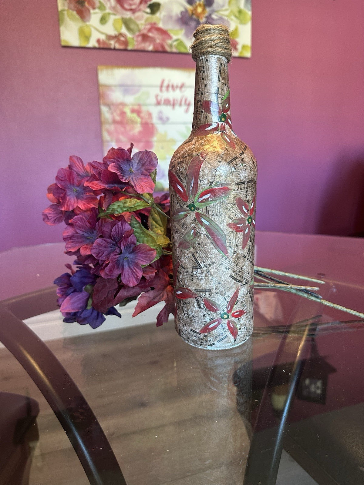 Hand Painted And Decoupaged Glass Bottle Vase Fall And Christmas Colors